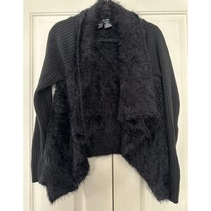 Windsor Cardigan Sweater Womens Small Black Fuzzy Open Front Draped Hem Knit